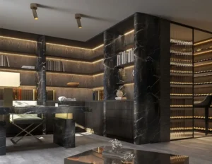 Luxury office interior design with elegant black color in London designed by misch_MISCH studio