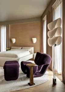 Bespoke designed master bedroom in richly layered textures, materials and colours. With collectable vintage pieces and lighting